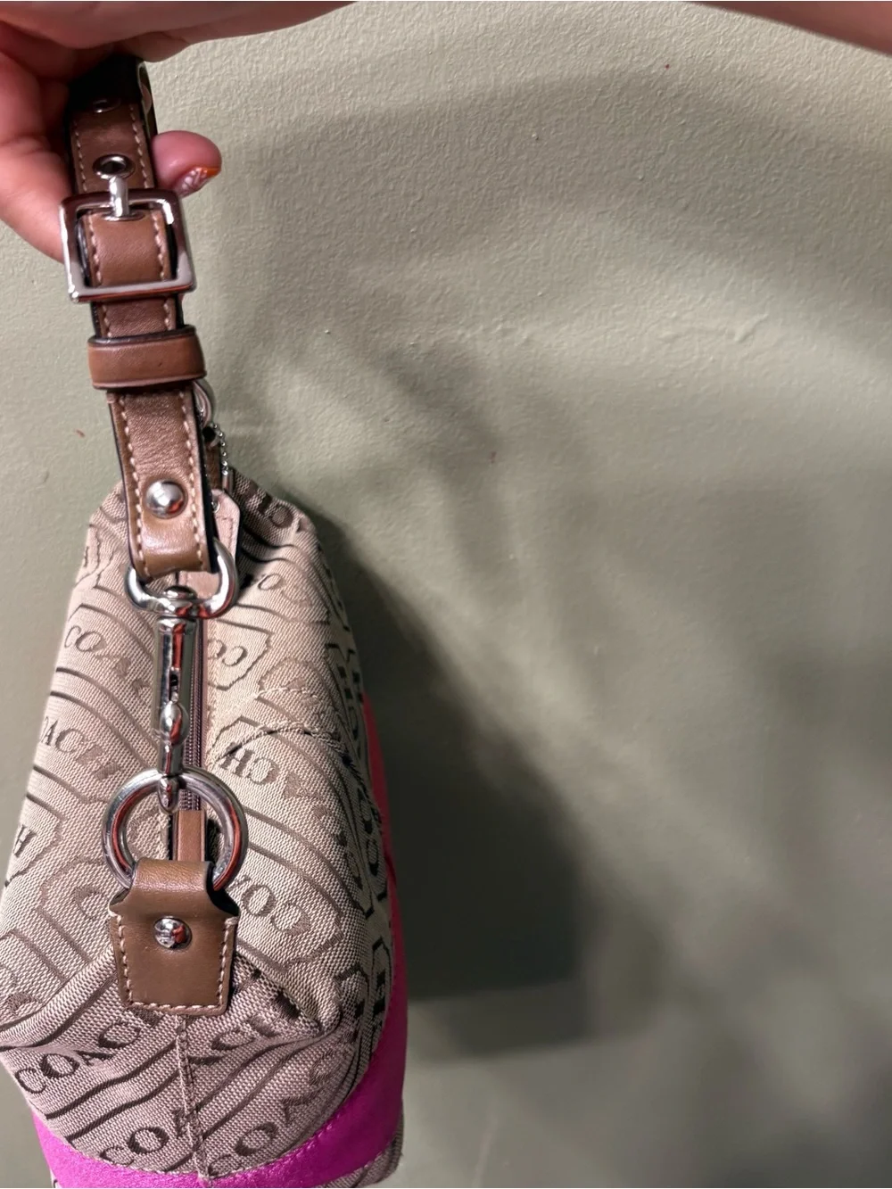 Coach Mini Shoulder Bag in Beige Canvas with Pink Trim